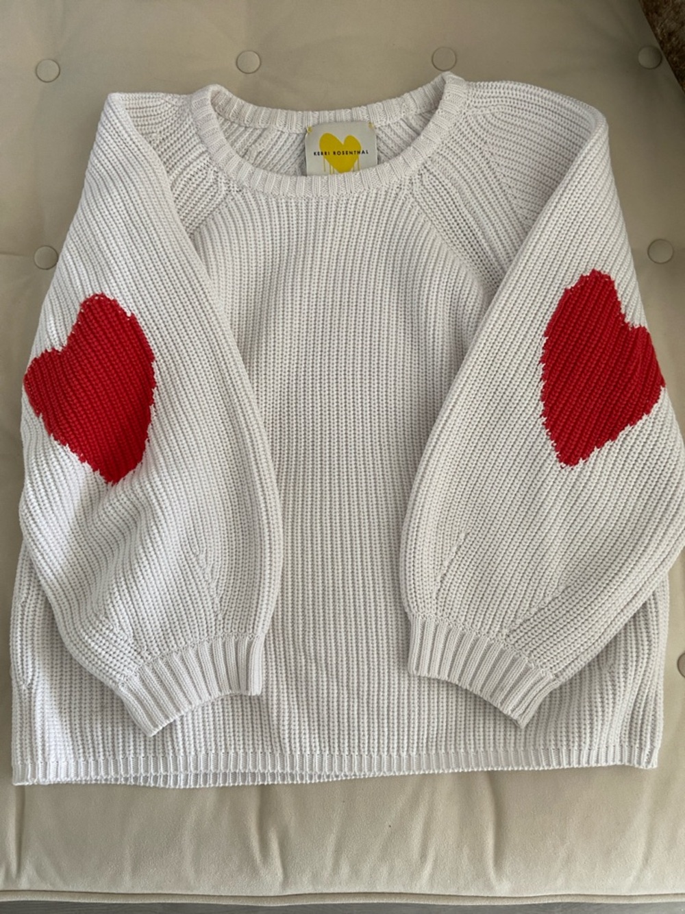 Kerri Rosenthal White Crewneck Sweater with Red Heart Elbow Patches